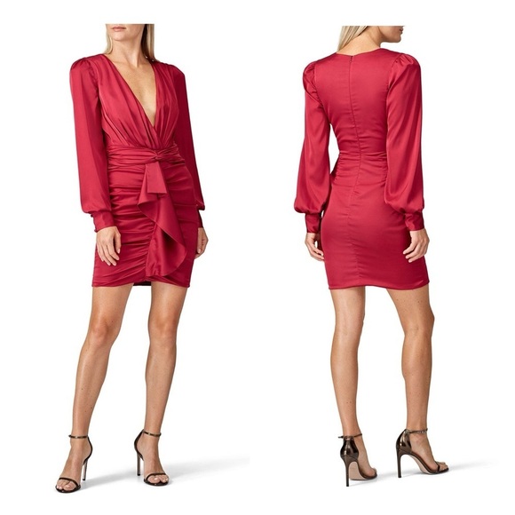 PATBO dress red mini satin ruched size 4 deep V long sleeve cocktail formal - Picture 1 of 14